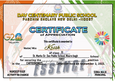 St. Mark's Sr. Sec. Public School, Meera Bagh - Krish XI-C won the First Prize in DAV Essence 2023 - Dav Udaan, Technosis 4.0 and Spardha : Click to Enlarge