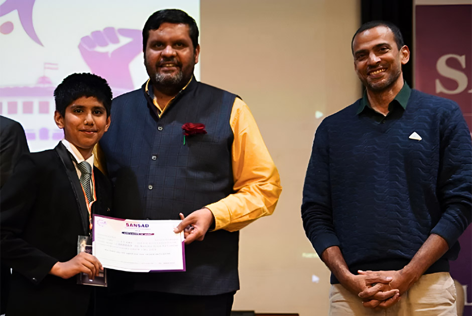 St. Mark's Sr. Sec. Public School School, Meera Bagh - Ruhaan Munjal of Class VII-F shines at SANSAD: The National Youth Parliament : Click to Enlarge