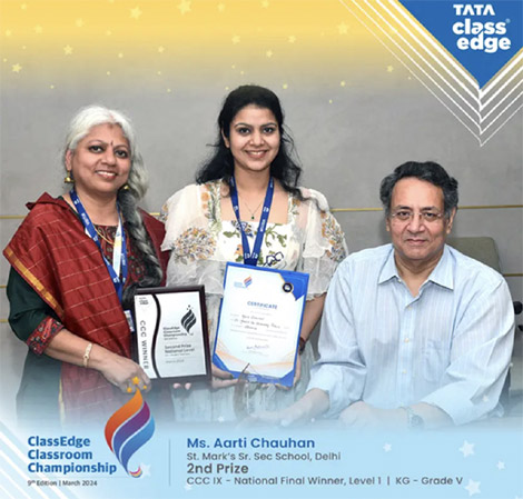 Ms. Aarti Chauhan from St. Marks Sr. Sec. Public School, Meera Bagh, won the Second Prize at the National Level CCC, IX-Edition of the Tata Class Edge Classroom Championship : Click to Enlarge