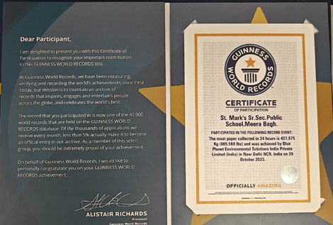 SMS Meera Bagh received the notable Guinness World Certificate for being an Environmentally Conscious School : Click to Enlarge