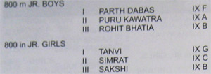 Sports day Results - 2009 : 800m Juniors