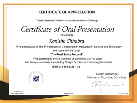 St. Mark's School, Meera Bagh - Kanishk Chhabra's research paper on Road Safety Protocol, presented at International Conference on Innovation in Science and Technology held in London, has been accepted by Google Scholars : Click to Enlarge