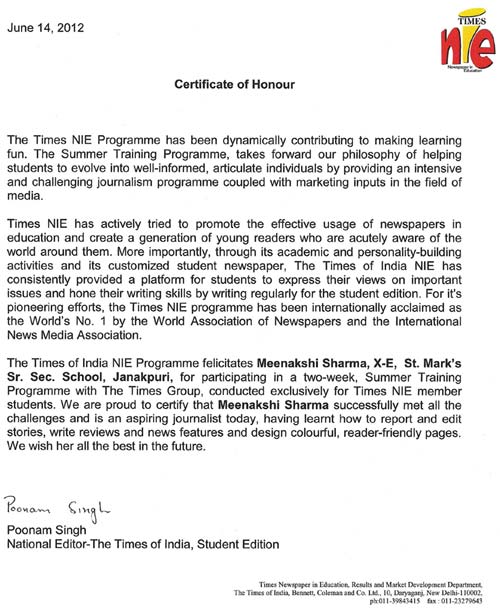 SMS, Janakpuri - Certificate of Honour (2012) : Click to Enlarge