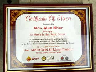 St. Mark's School, Janak Puri - Certificate of Honor for our Principal : Click to Enlarge