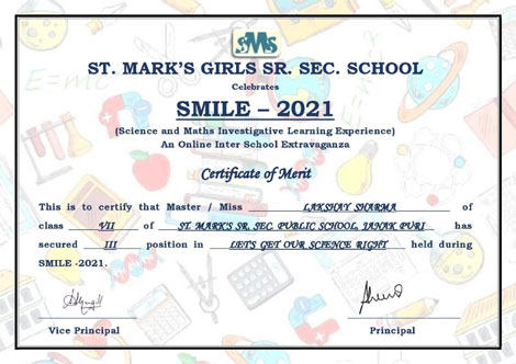 St. Mark's School, Janak Puri - Our students won laurels and did us proud in SMILE - An Inter School Science and Maths Competition organised by SMGS : Click to Enlarge