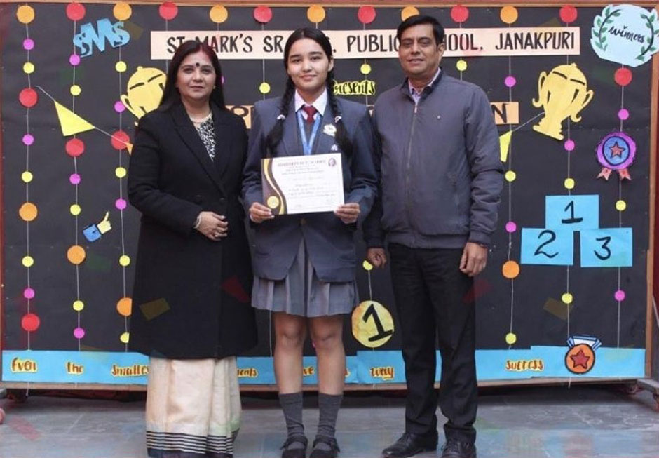 St. Marks Sr. Sec. Public School, Janakpuri - Navya Sharma won the second position for the best speaker against the motion in the Gyan Devi Memorial Inter-School English Debate Competition : Click to Enlarge