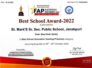 The distinguished FAP National Award has been awarded to St. Mark's School, Janakpuri under The innovative teaching practices : Click to Enlarge