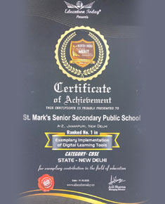 St. Marks Sr. Sec. Public School, Janakpuri - St. Mark's Sr. Sec. Public School, Janakpuri, has been ranked No. 1 for Exemplary Implementation of Digital Learning Tools : Click to Enlarge