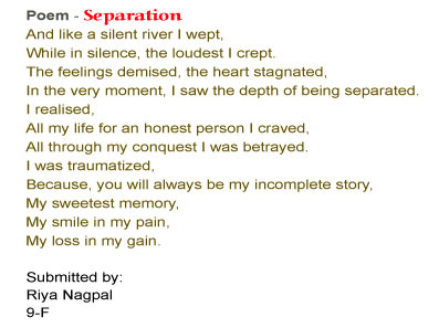 SMS Sr. School, Meera Bagh - Student Corner : Poem by Riya Nagpal
