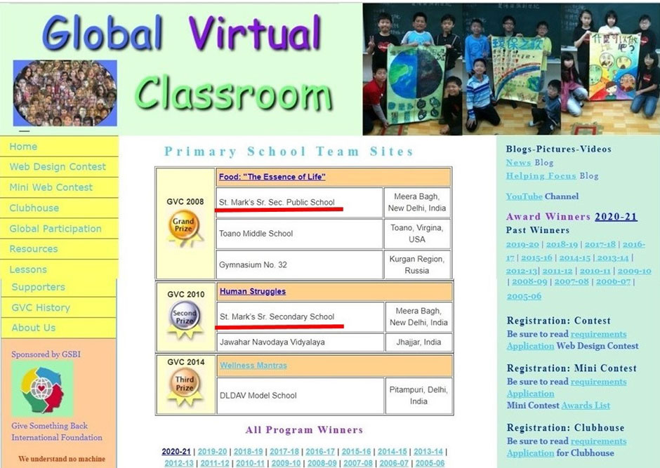 St. Mark's School, Meera Bagh - At the Global Virtual Classroom Contest, we win the Grand Award in Primary Category and Silver Award in Secondary Category : Click to Enlarge