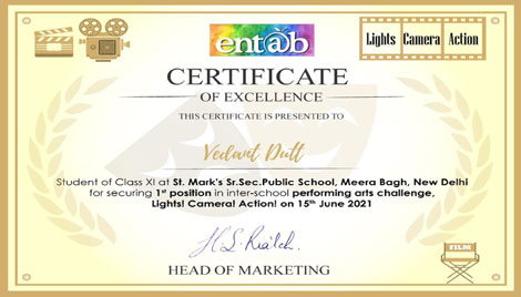 St. Mark's School, Meera Bagh - Vedant Dutt of Class 11 bags the First Prize in Lights. Camera. Action organised by ENTAB Campus Care : Click to Enlarge
