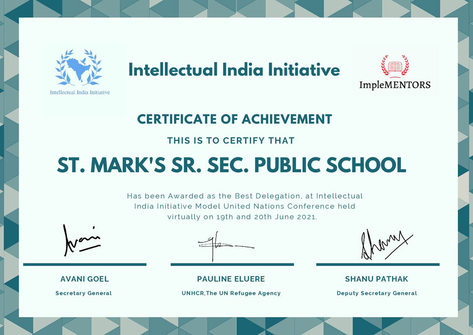 St. Mark's School, Meera Bagh - Our school wins the School Delegation Award in an MUN event hosted by Team Intellectual : Click to Enlarge