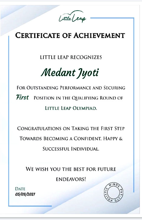 St. Mark's School, Meera Bagh - Medant Jyoti of Class III-A has won the First Position in the Qualifying Round of Little Leap Olympiad, an Extempore Competition : Click to Enlarge
