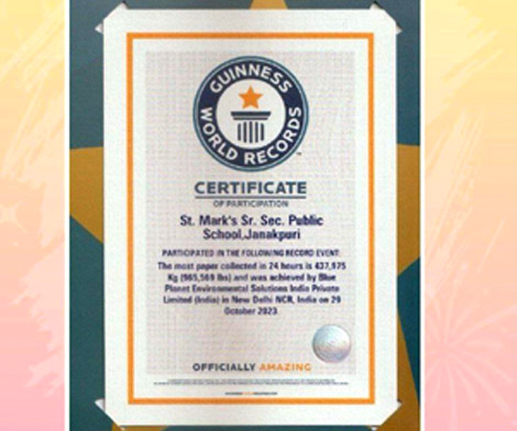 St.Marks Sr Sec Public School Janak Puri - We Have been honoured with Guinness World Records Achievement for our persistent efforts towards saving the environment : Click to Enlarge